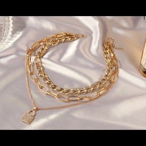 NEW Fashion Multilayer Lock Shaped Inlaid Rhinestone Three Layer Thick Necklace